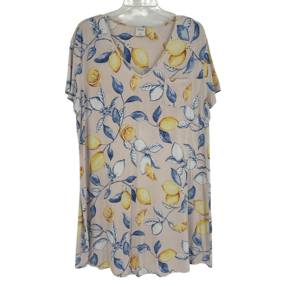 Soma Intimates Lemon Print VNeck Sleep Shirt XL Blue Citrus Nightgown Pocket
